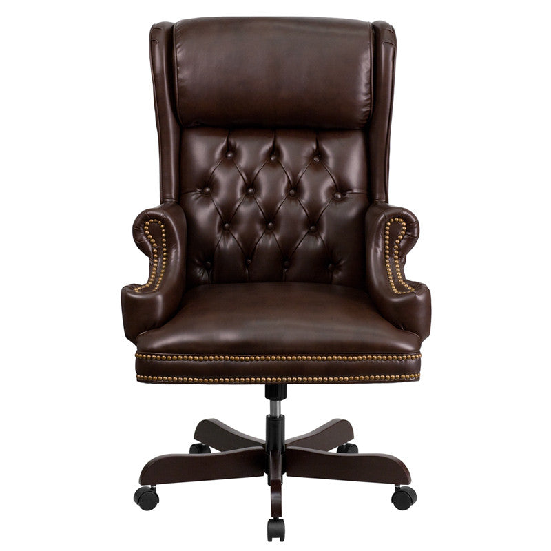 Traditional Tufted Brown Leather Office Chair with Rolled Headrest - Man Cave Boutique
