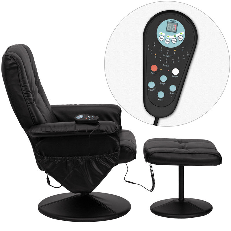 Massaging Heat Controlled Adjustable Recliner and Ottoman with Wrapped Base in Black LeatherSoft - Man Cave Boutique