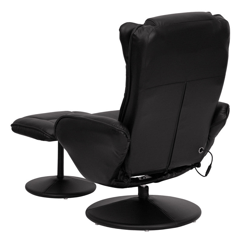 Massaging Black Leather Recliner and Ottoman with Leather Wrapped Base - Man Cave Boutique