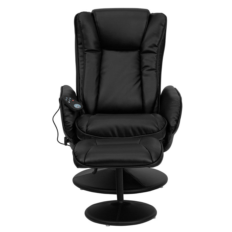 Massaging Black Leather Recliner and Ottoman with Leather Wrapped Base - Man Cave Boutique