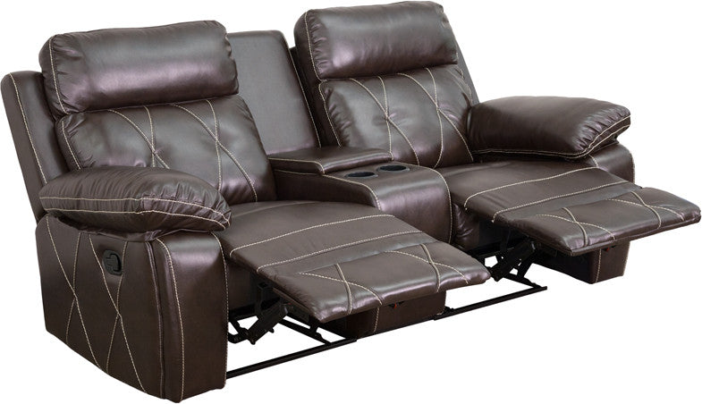 2-Seat Reclining Brown Leather Theater Seating Unit with Cup