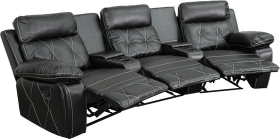 3-SEAT Reclining Black Leather Theater Seating Unit With Curved Cup Holders - Man Cave Boutique