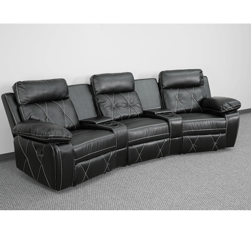 3-SEAT Reclining Black Leather Theater Seating Unit Man Cave