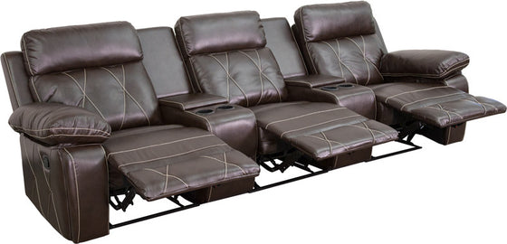 3-SEAT Reclining Brown Leather Seating Unit With Straight Cup Holders - Man Cave Boutique