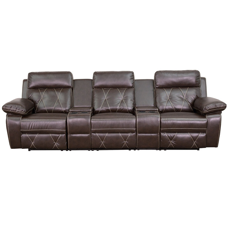 3-SEAT Reclining Brown Leather Seating Unit With Straight Cup Holders - Man Cave Boutique
