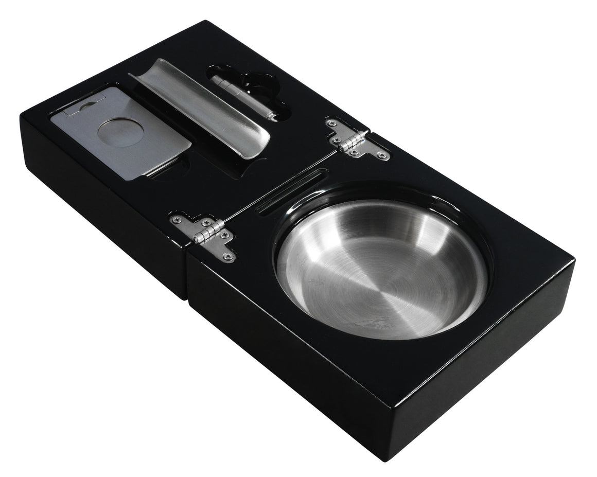 Cigar Ashtray Bremen Black Lacquer Folding with Cutter and Punch - Man Cave Boutique