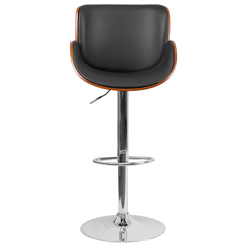 Walnut Adjustable Height Bar Stool With Curved Black Vinyl Seat - Man Cave Boutique