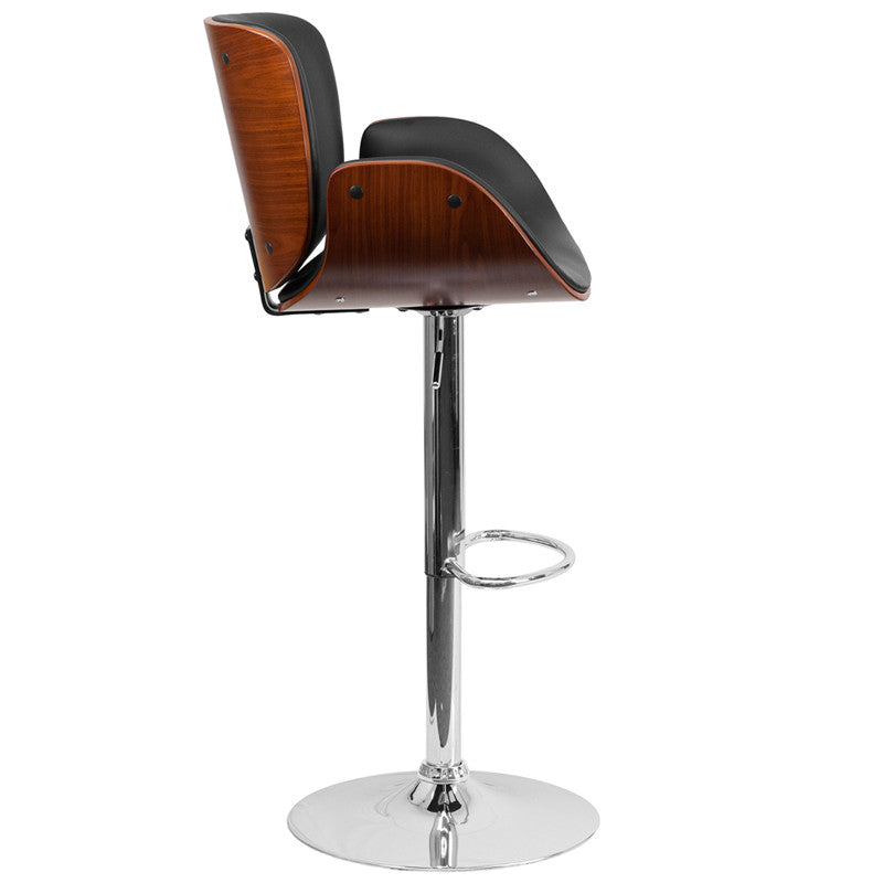 Walnut Adjustable Height Bar Stool With Curved Black Vinyl Seat - Man Cave Boutique