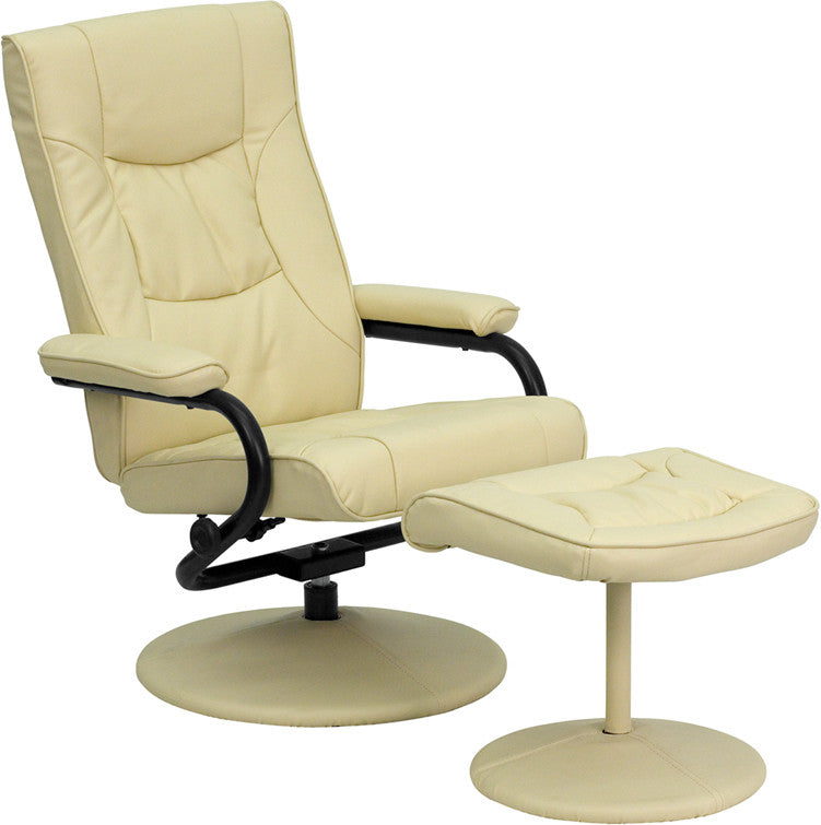 Contemporary Cream Leather Recliner & Ottoman w/ Leather Wrapped Base - Man Cave Boutique