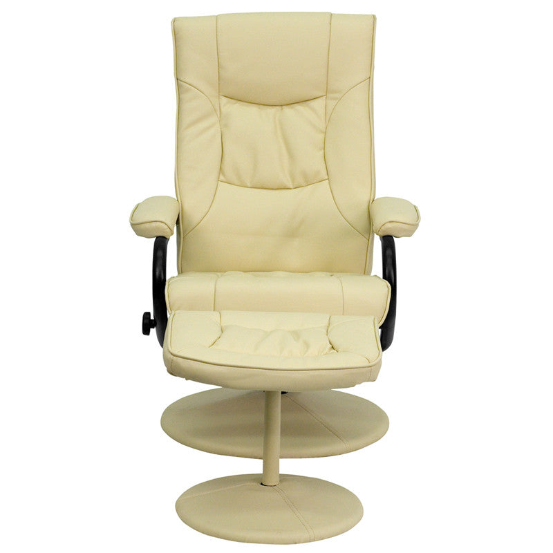 Contemporary Cream Leather Recliner & Ottoman w/ Leather Wrapped Base - Man Cave Boutique